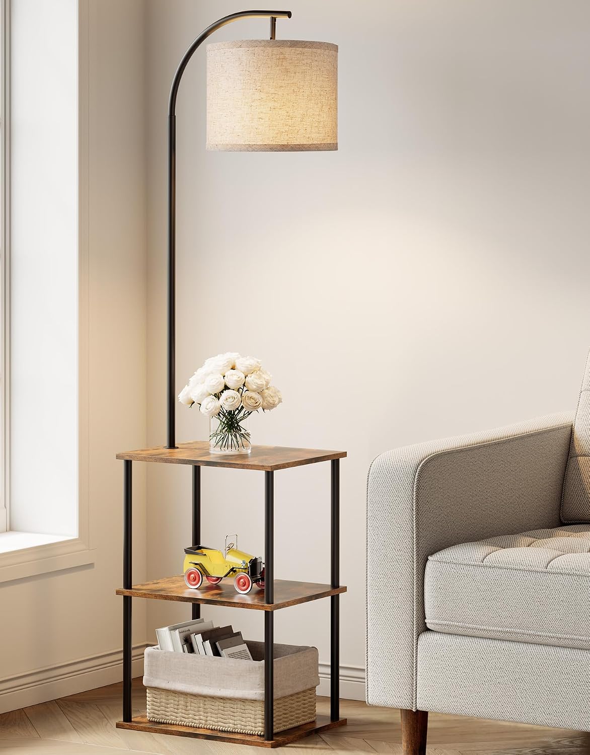 PARTPHONER Floor Lamp with Table, Night Stand with Lamp, Narrow Side Table with 3CCT LED Bulb, Small Coffee Table
