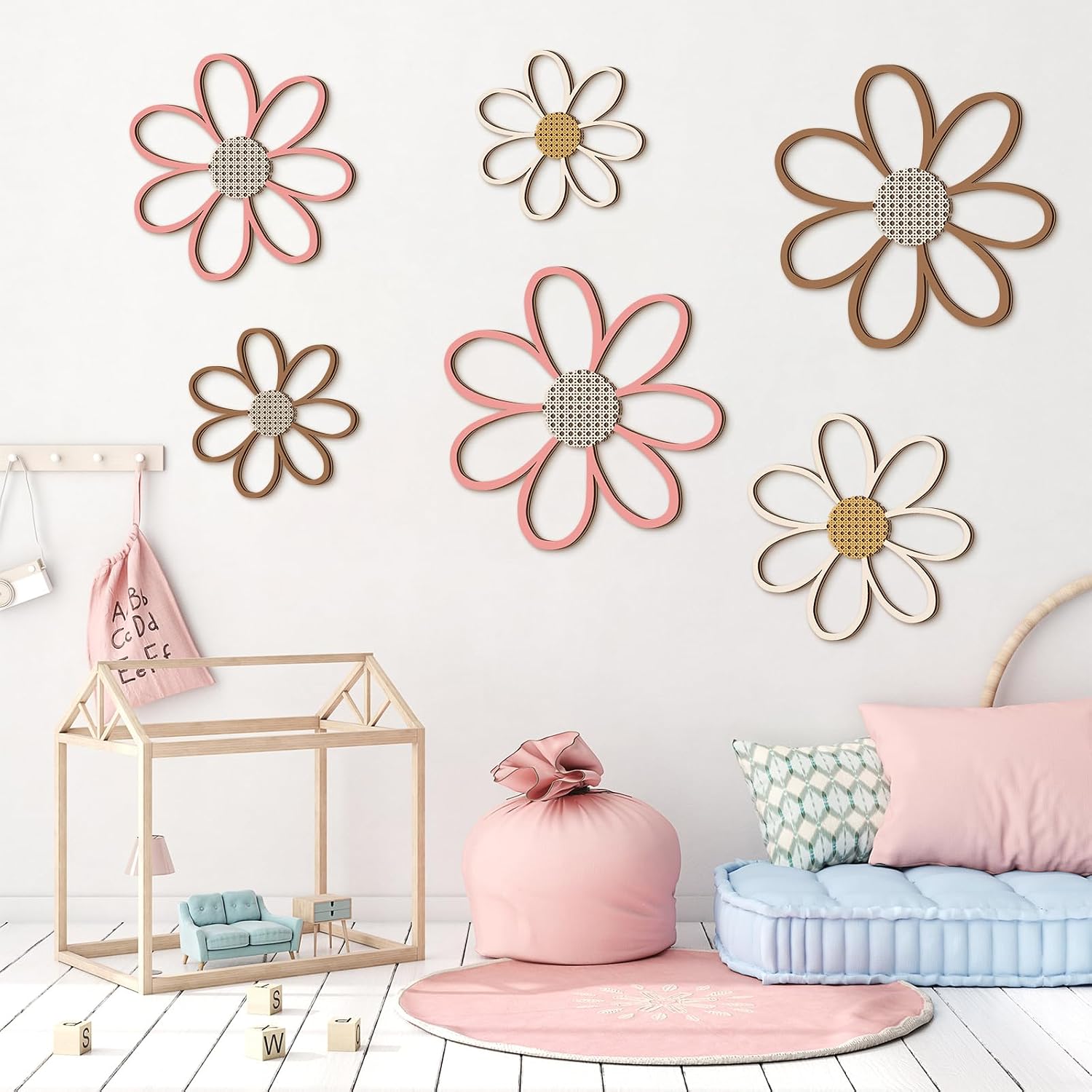 Daisy Wall Decor Wooden Daisy Wall Sculptures Art Flowers Signs Hanging / Warm Color / Set of 6
