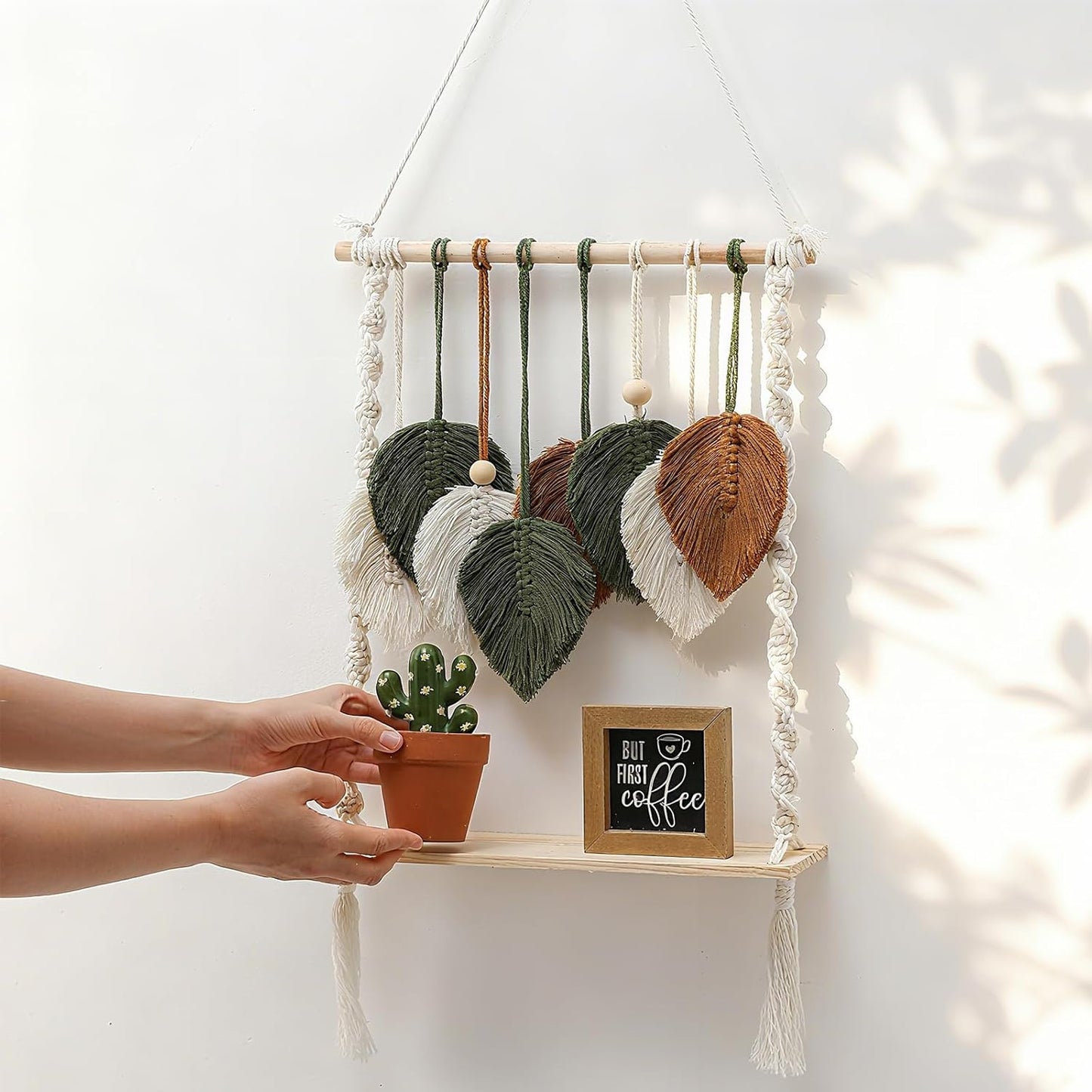 Single Tier Macrame Boho Wall Hanging Shelf Handmade Bohemian Wooden Woven Floating Storage Shelves