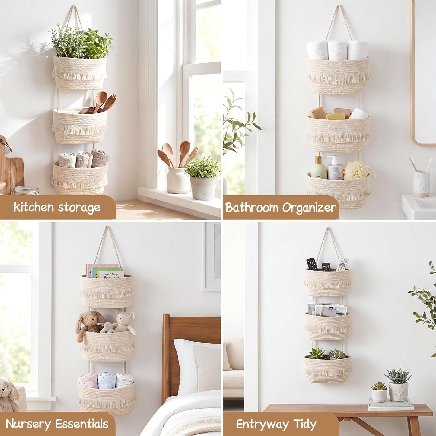 3-tier Tassel Hanging Basket Organizer / Neutral Color / Boho