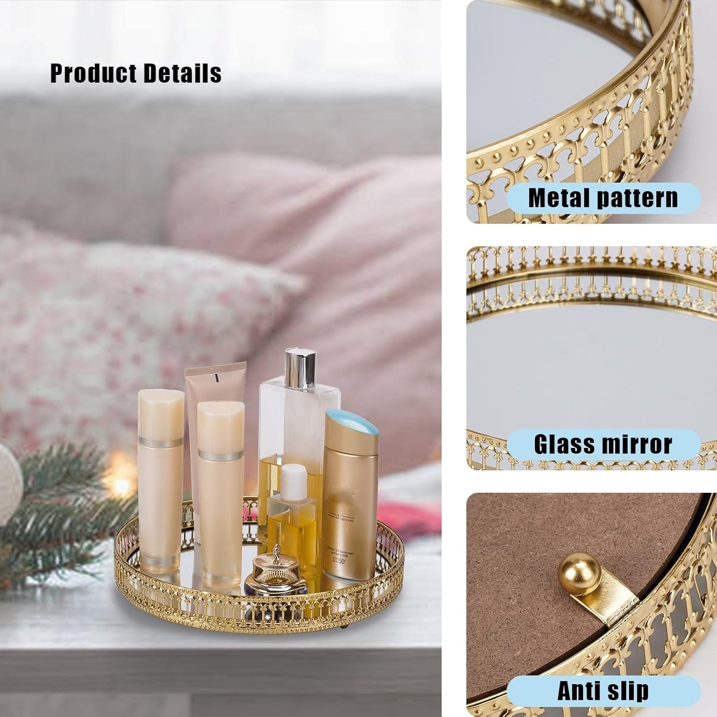 Metal Decorative Jewelry Storage Tray Cosmetic Perfume Organizer / 6.8 / Gold