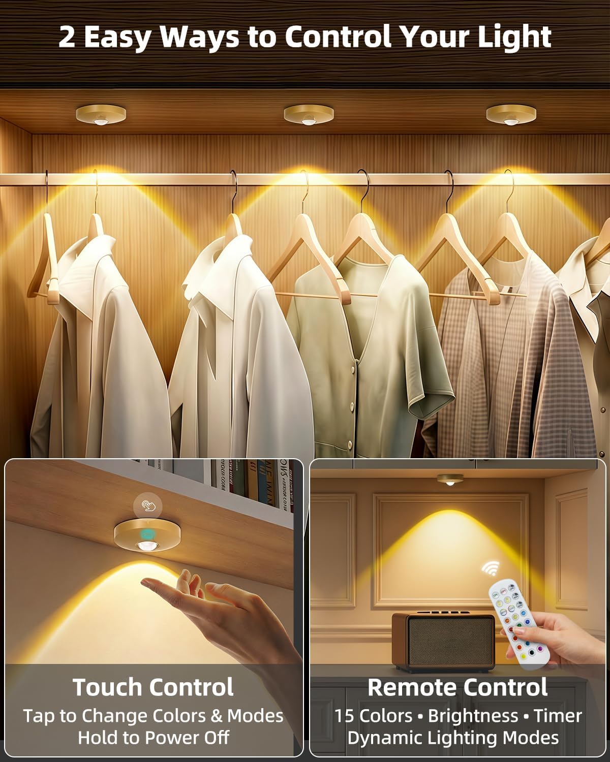 RGB Rechargeable Puck Lights with Remote Control, 1500mAh Battery Operated Tap Lights, Dimmer & Timer Under Cabinet