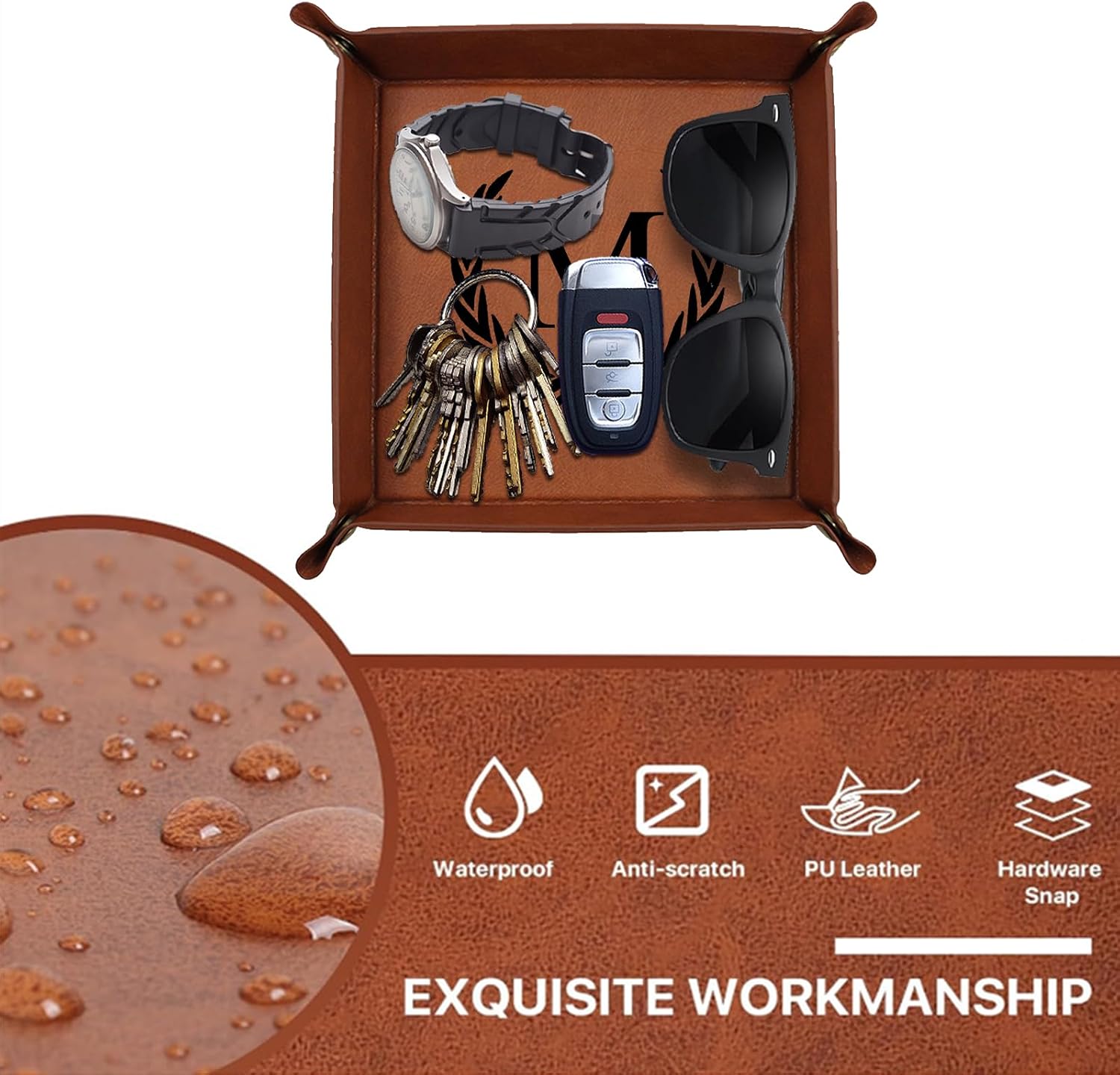 Personalized Leather Valet Tray Engraved Initials Key Tray Nightstand Organizer Valentines Day / A