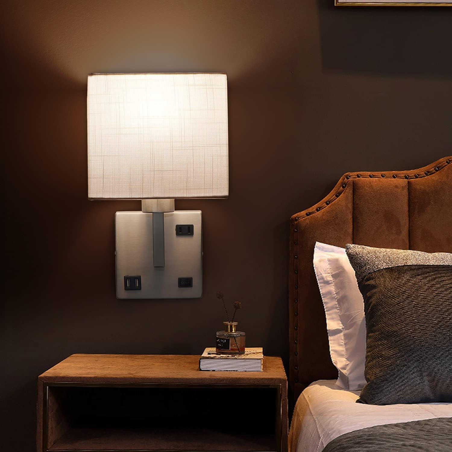 AVV Bedroom Sconces Set of 2, Wall Mounted Bedside Lamps with USB Port, AC Outlet and 3 Color Selectable