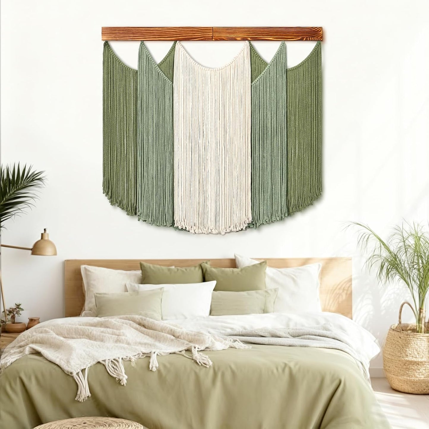 Macrame Wall Hanging Dip-Dyed Large Boho Wall Decor Yarn Tapestry Handmade Sage Woven / Green