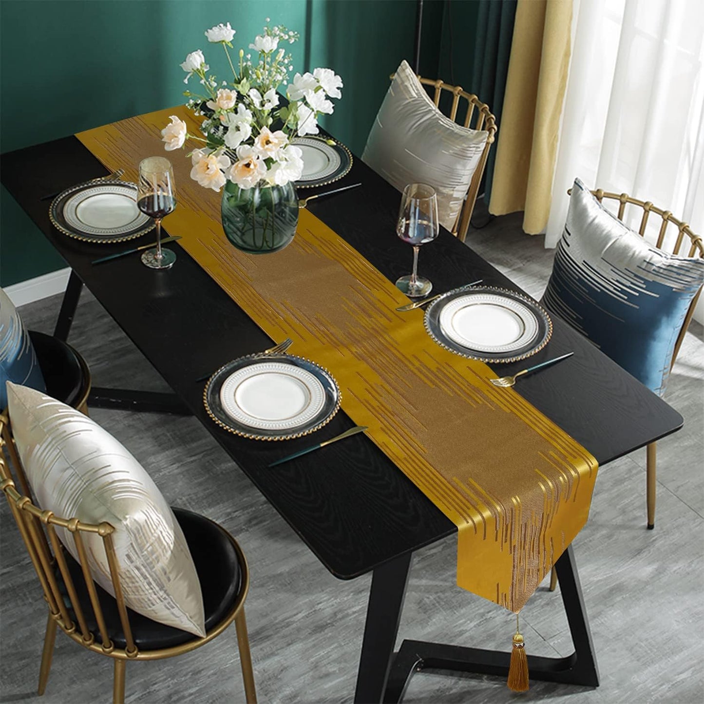 Luxury Gold Texture Table Runner,13"x120", Modern Abstract Striped, Tassel | Table Runner 120 Inches Long, Elegant