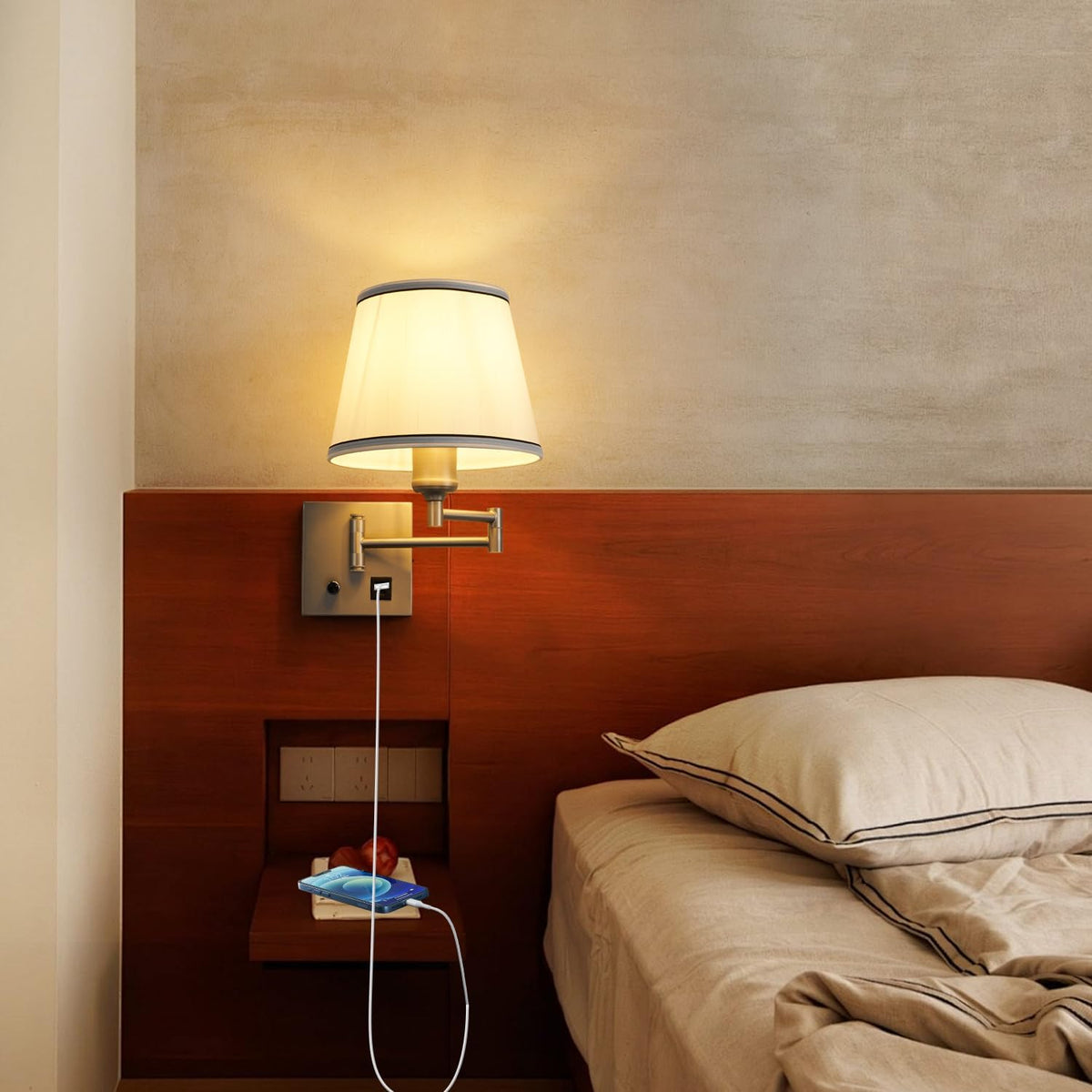 Swing Arm Wall Lamp, Satin Nickel, White Fabric Shade | Type-C and USB Charging Port, Dimmable Switch, Plug in Wall