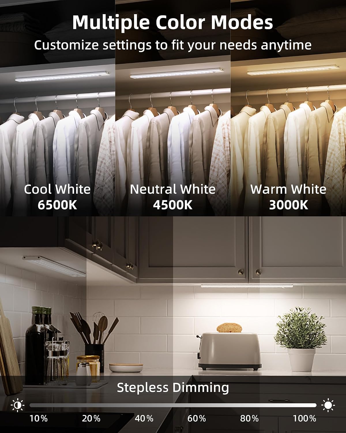 14.5-inch Under Cabinet Lights, Wireless Closet Light, Motion Sensor, 3500mAh Rechargeable Battery, Magnetic, 3 Color