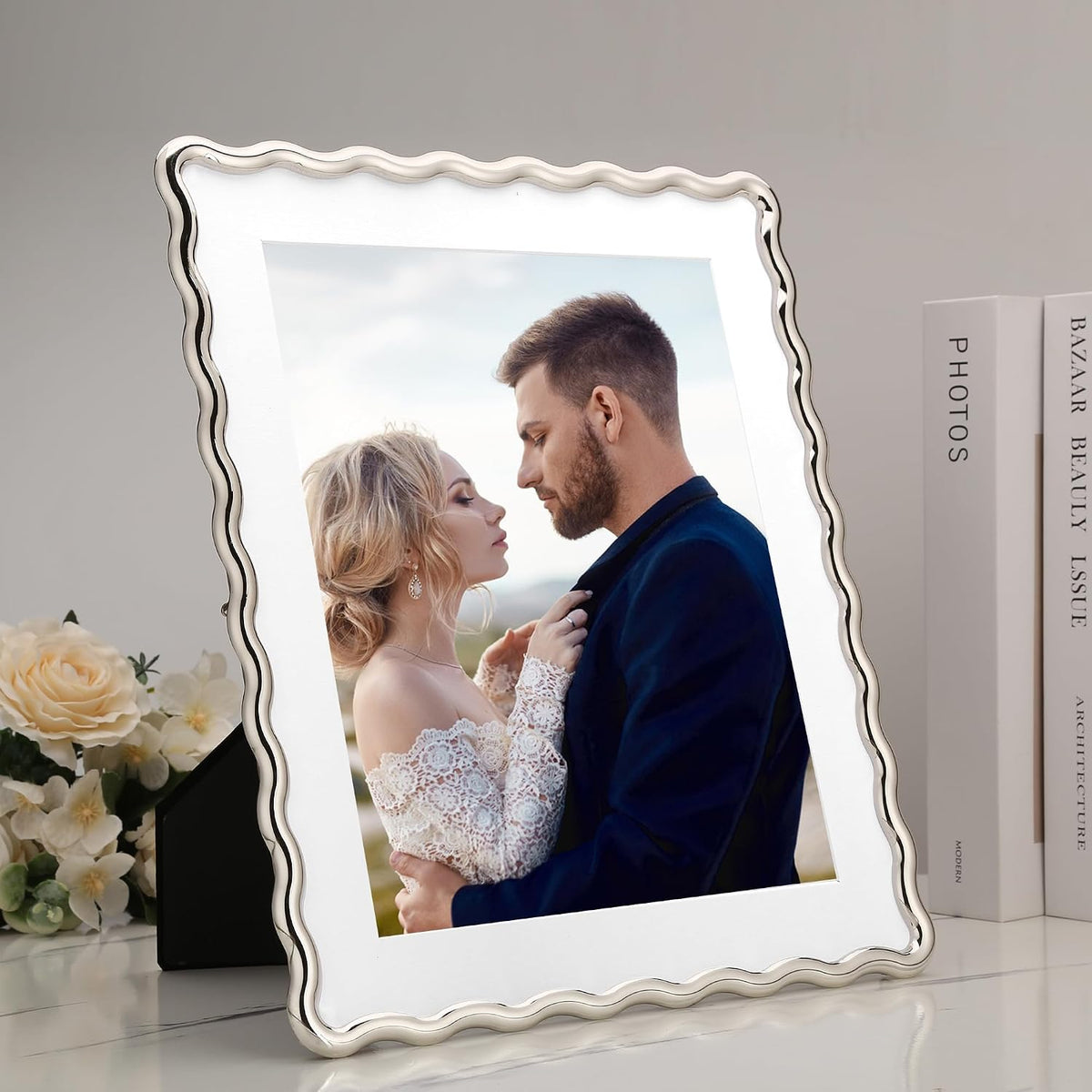 Silver 10x12'' Heavy-Duty Zinc Alloy Picture Frames with Acid Free Mat for 8x10'',Wave Design Silver Picture Frame with