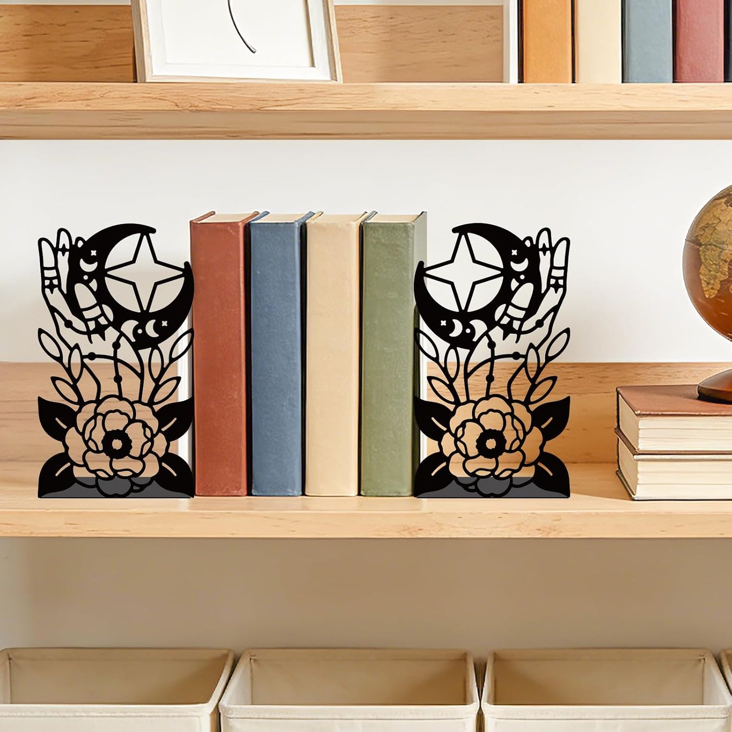 Metal Bookends Lunar Phases Heavy Duty Adjustable Book Stopper / Moon / Black / Set of 2