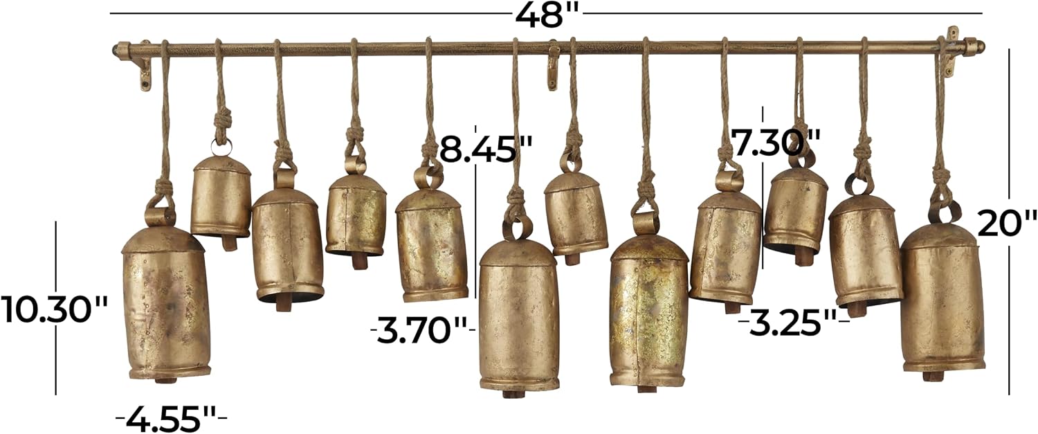 Deco 79 Metal Decorative Cow Bells Tibetan Inspired with 12 Bells on Jute Hanging Ropes and Rod, 48" x 6" x 20", Gold