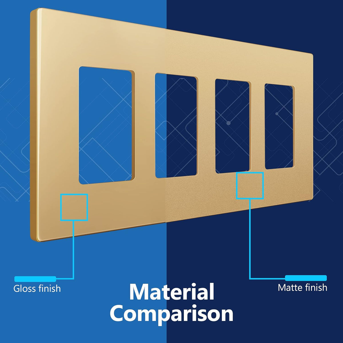 LIDER Decorator Switch Cover, Screwless Wall Plate, Mid-Size 4-Gang, 2-Pack | Matte Gold, Polycarbonate Thermoplastic