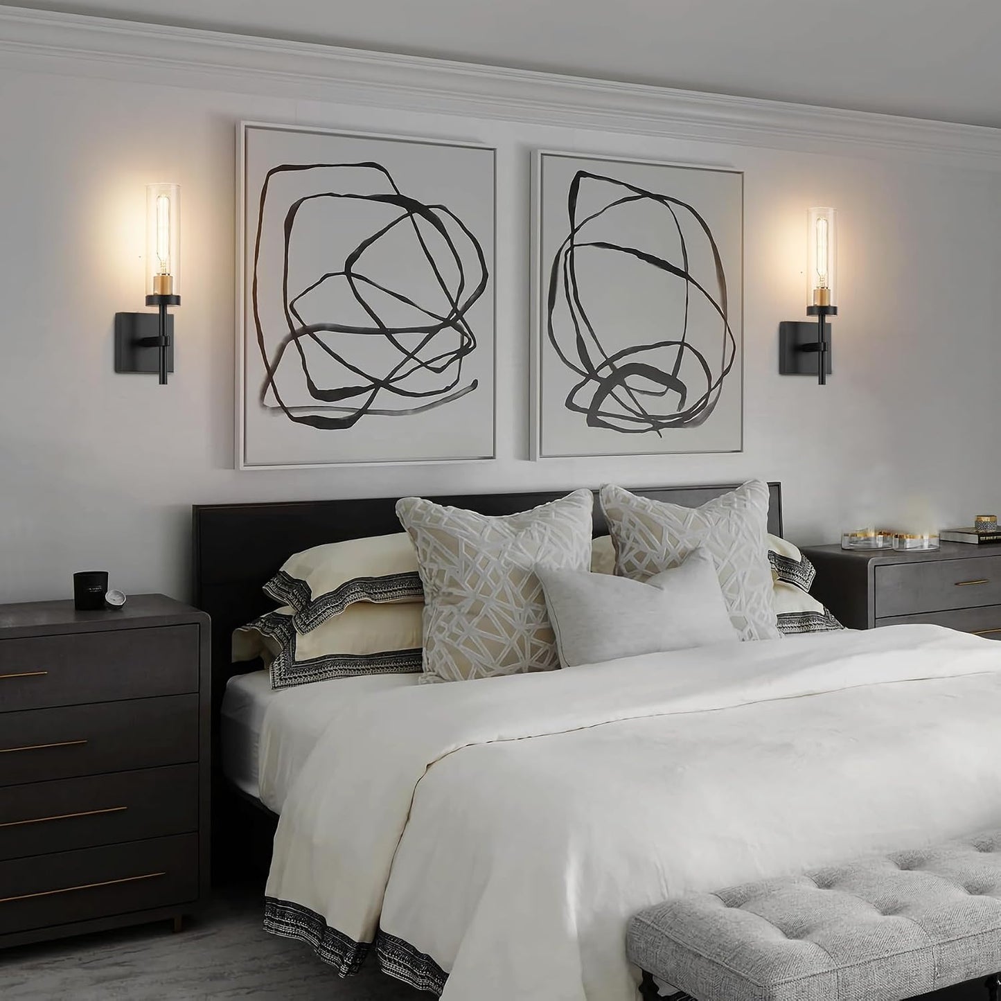 Wireless Wall Sconces with Remote Control, Battery Operated Wall Sconce Set of 2, Black & Gold Rechargeable Dimmable