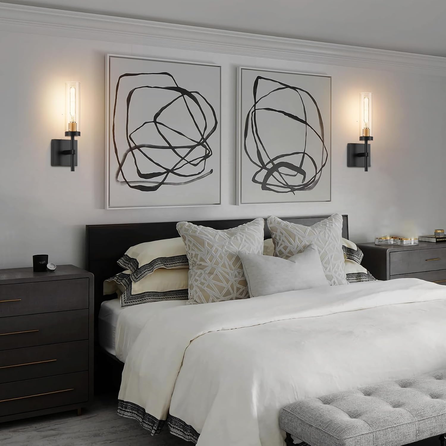 Wireless Wall Sconces with Remote Control, Battery Operated Wall Sconce Set of 2, Black & Gold Rechargeable Dimmable