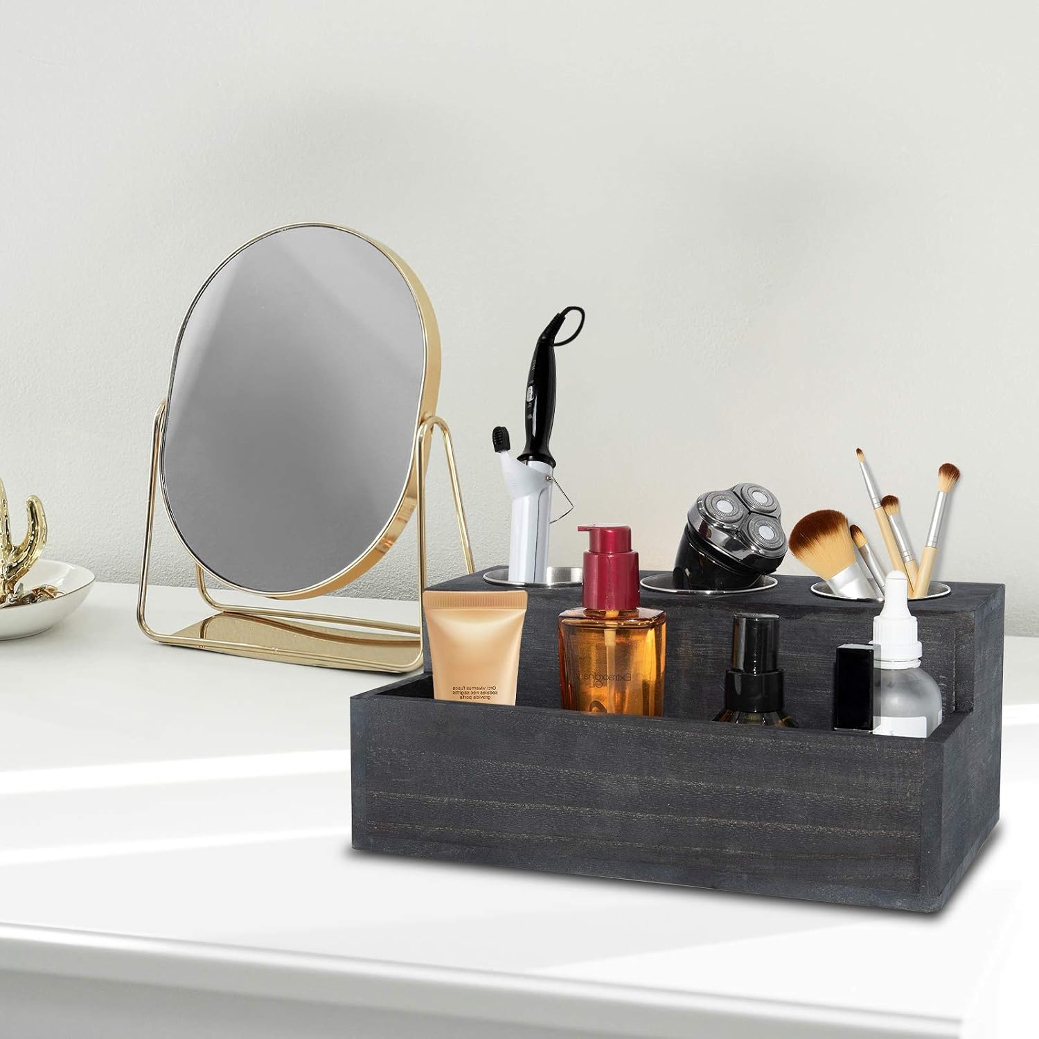 Wooden Hair Dryer Holder - Rustic Hair Tools Organizer with 3 Circular Holes and 1 Compartment, Bath Accessories