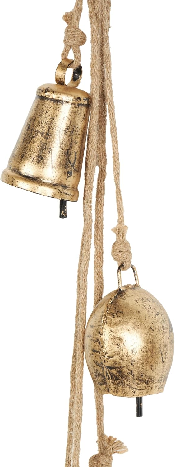 Deco 79 Golden Bell Cluster | Indoor Tibetan Inspired Cascading Meditation Bell With 5 Bells On Jute Hanging Rope