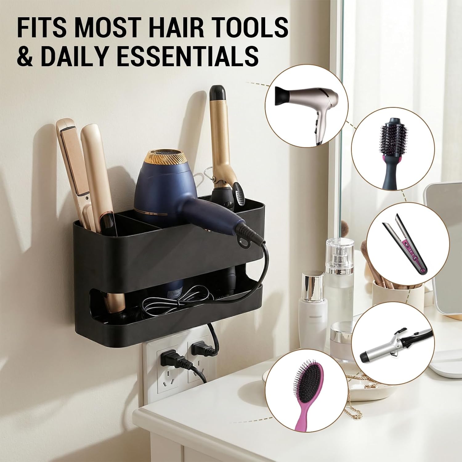 MyGift Wall Mount Salon Hair Tool Organizer with 3 Slots, Black Metal | Wall-mounted black metal storage features 3