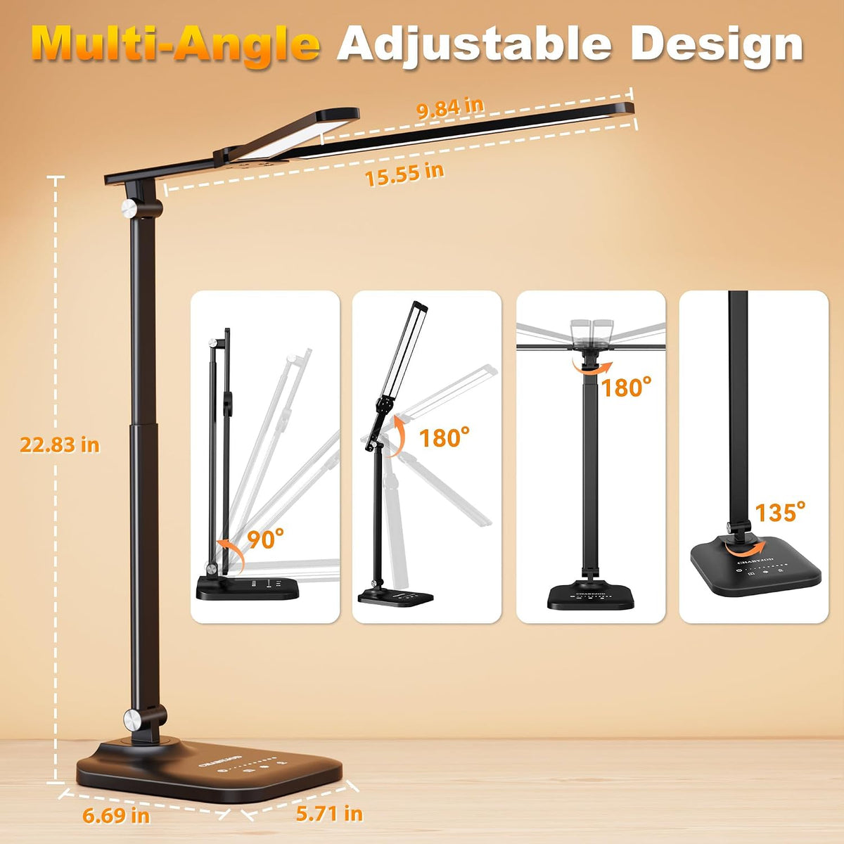 LED Desk Lamp for Office Home, Height Adjustable Architect Desk Light with USB Adapter, Stepless Dimming Desk Lamp