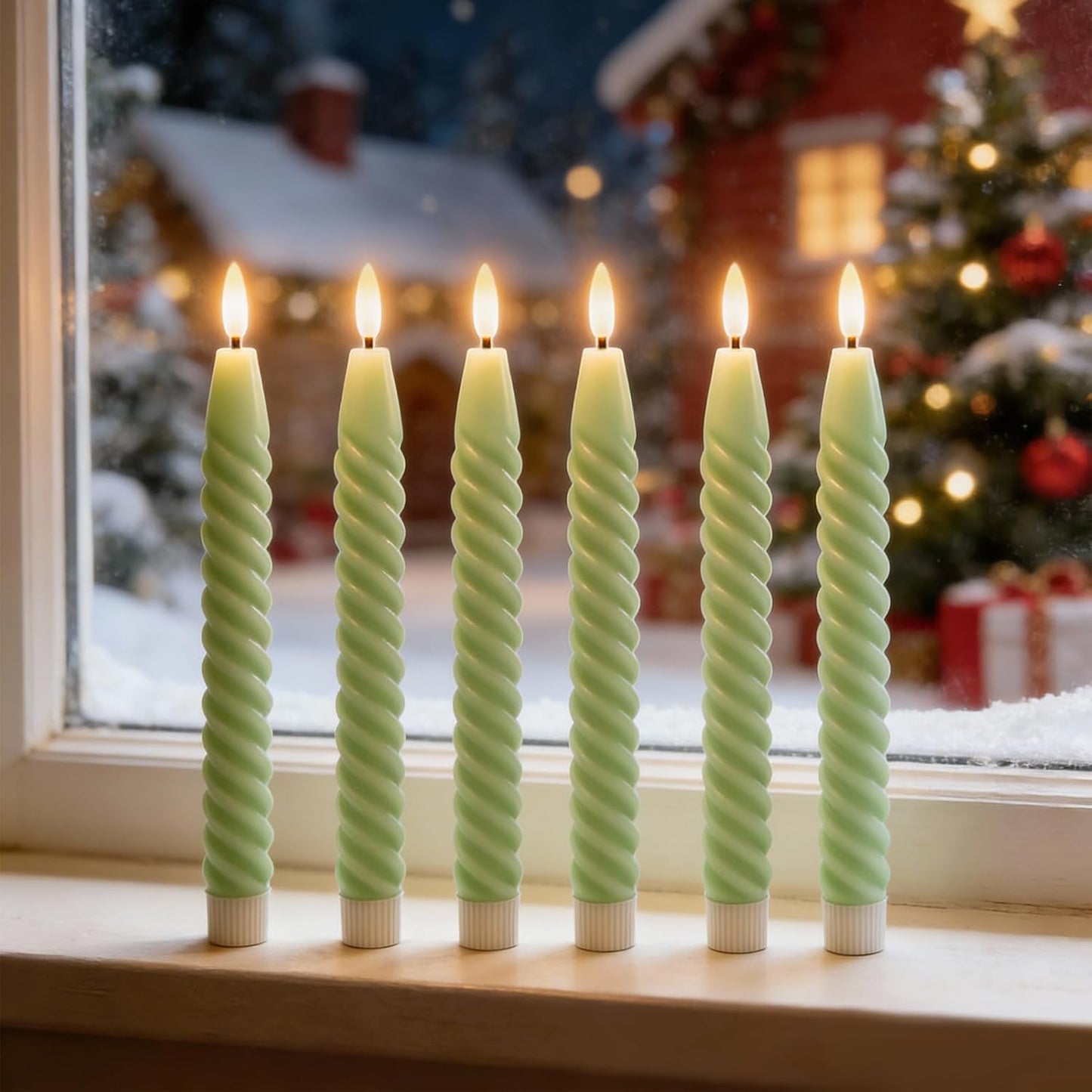 Green Flameless Taper Candles Flickering with Remote Timer | LED Spiral Taper Candles, Flameless Candlesticks, Battery