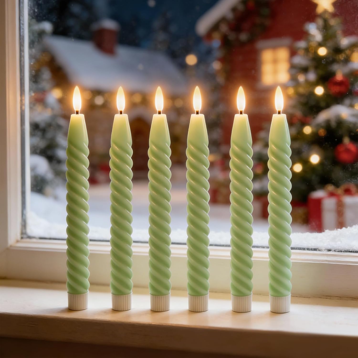 Green Flameless Taper Candles Flickering with Remote Timer | LED Spiral Taper Candles, Flameless Candlesticks, Battery