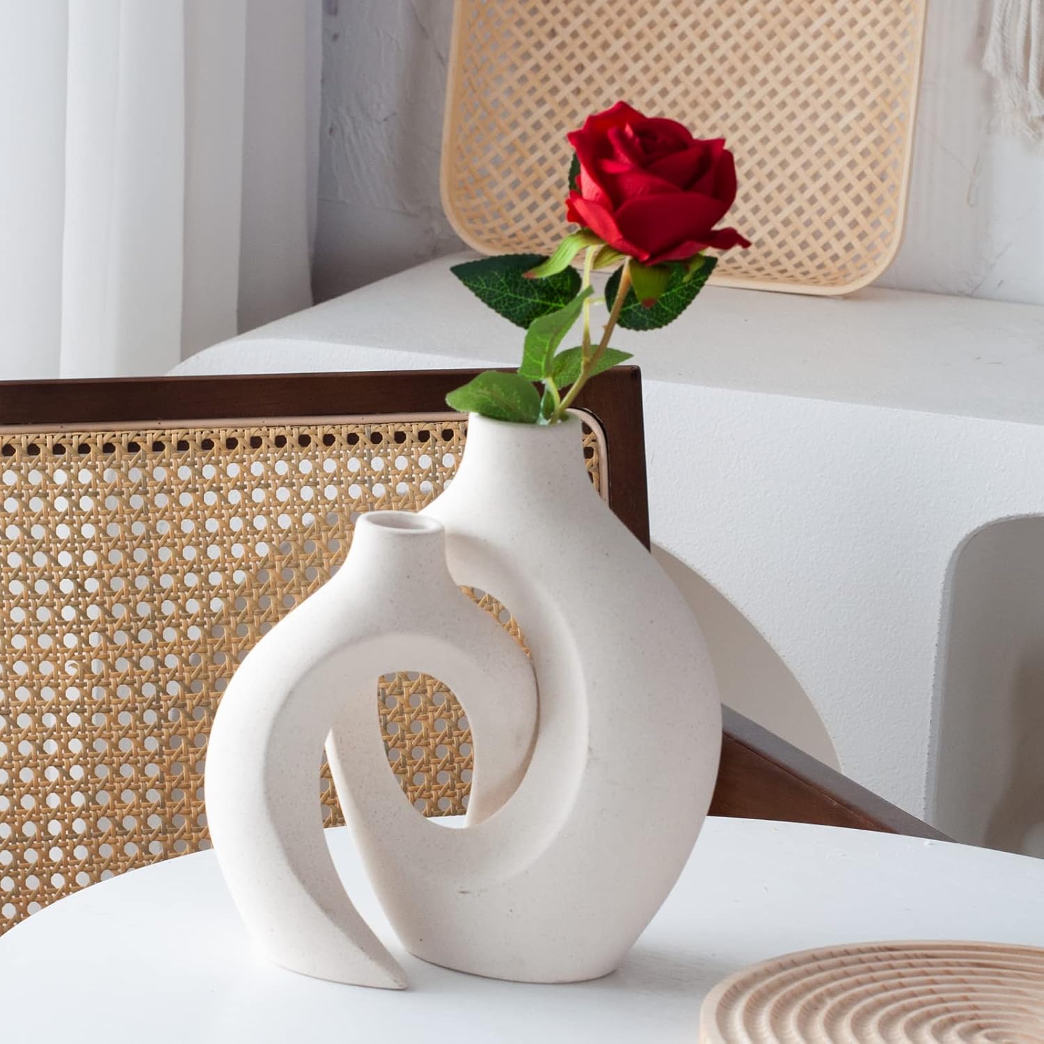 Hollow Ceramic Vase / Off White - Round Hollow / Set of 2