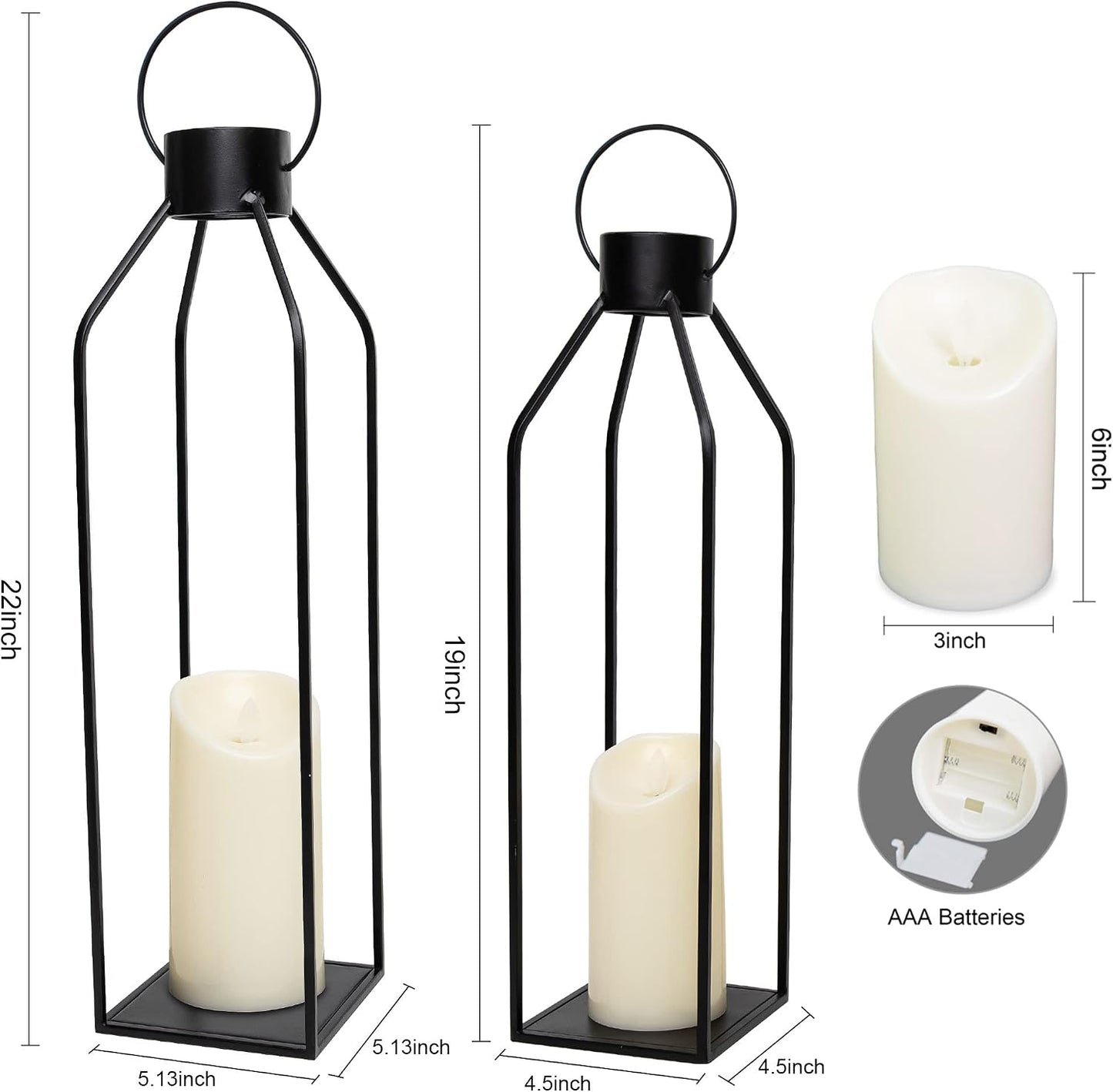 HPC Decor 22'' 19'' Lanterns Decorative w/ Flickering Timer Candles- Large Tall Black Metal Candle Lanterns Set of 2