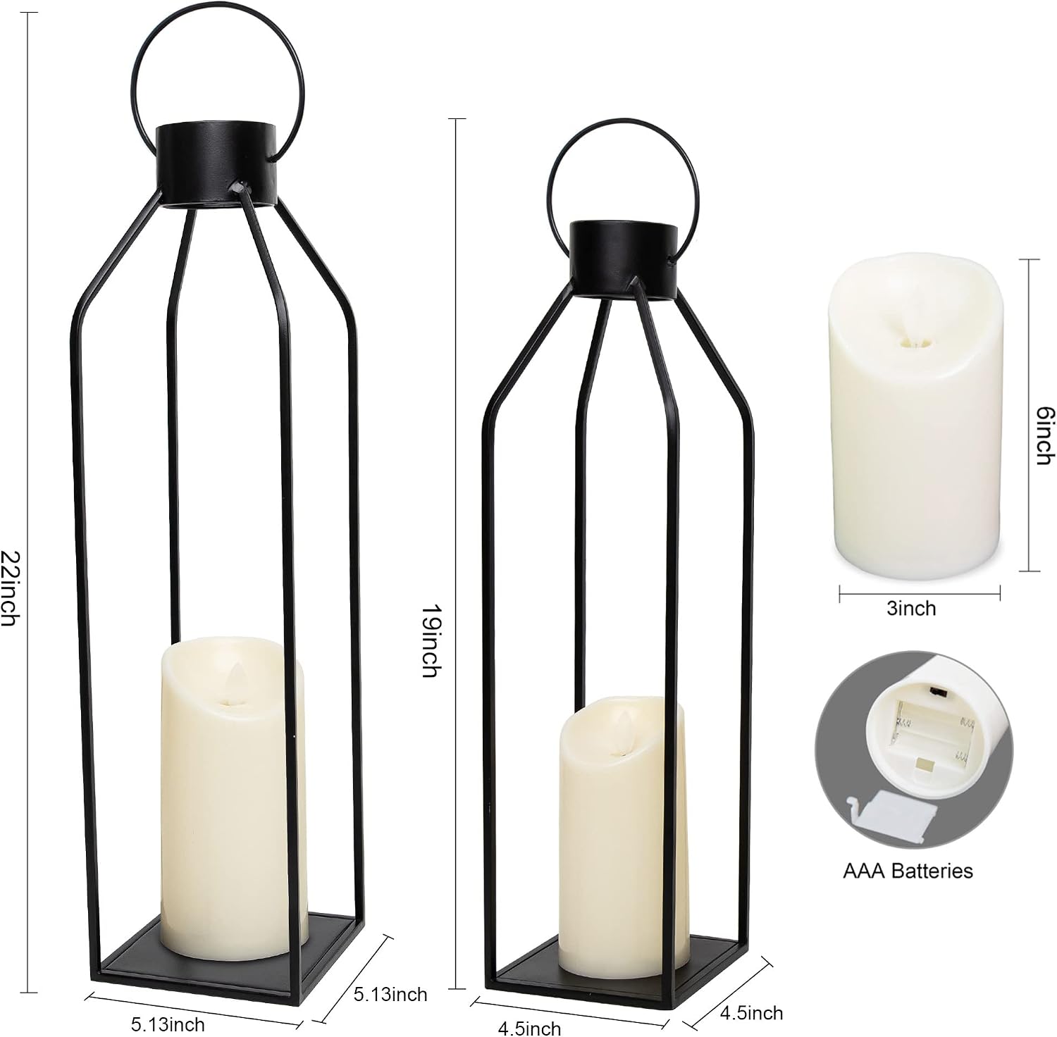 HPC Decor 22'' 19'' Lanterns Decorative w/ Flickering Timer Candles- Large Tall Black Metal Candle Lanterns Set of 2