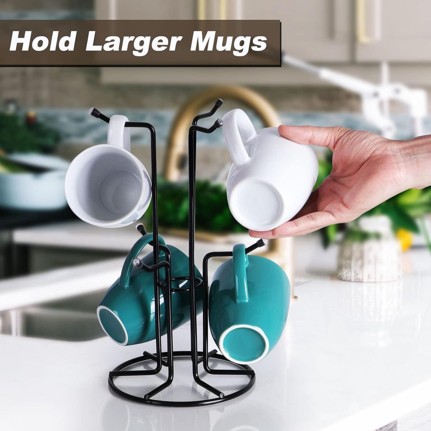 HULISEN Mug Tree for Large Cups, 6 Hook Countertop Coffee Mug Holder, Black | Cup Rack for Counter, Stable Wide Base