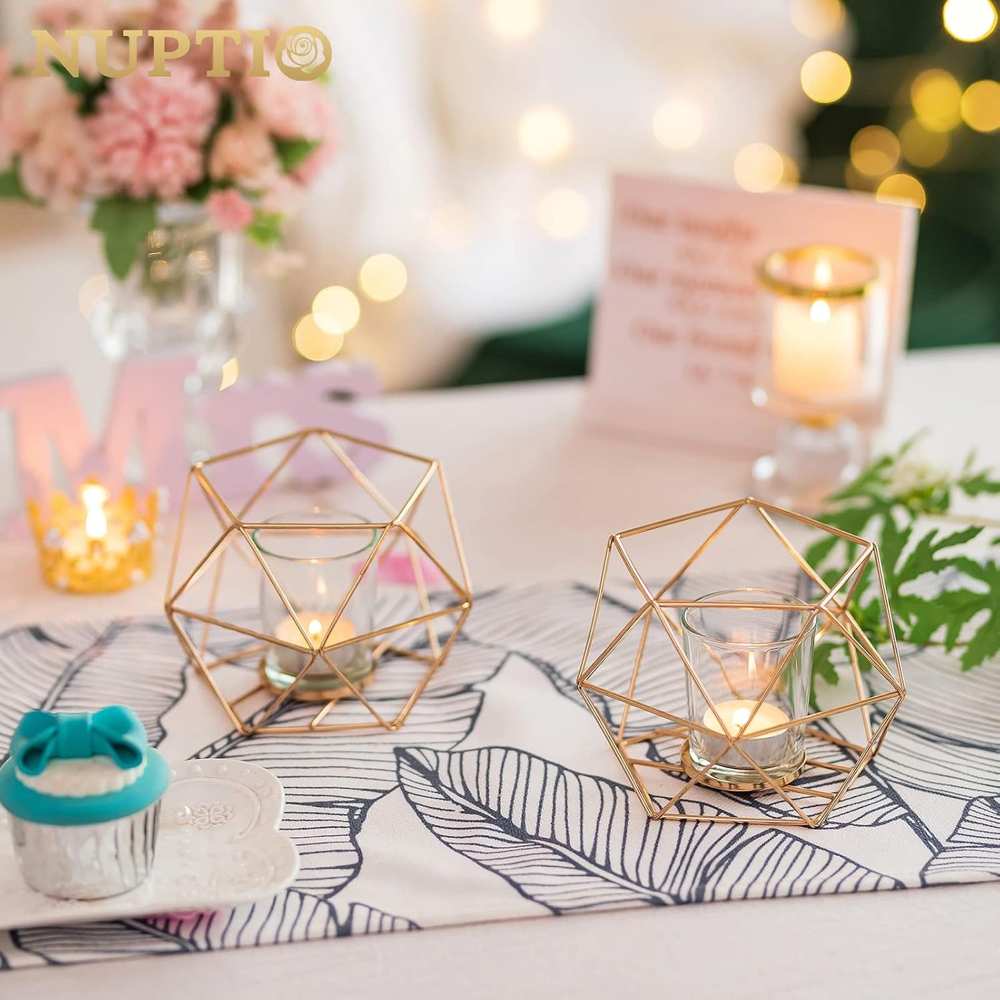 NUPTIO Tea Light Candle Holders - Votive Candle Holder for Tealight & Pillar Candles Geometric Gold Candle Stand for