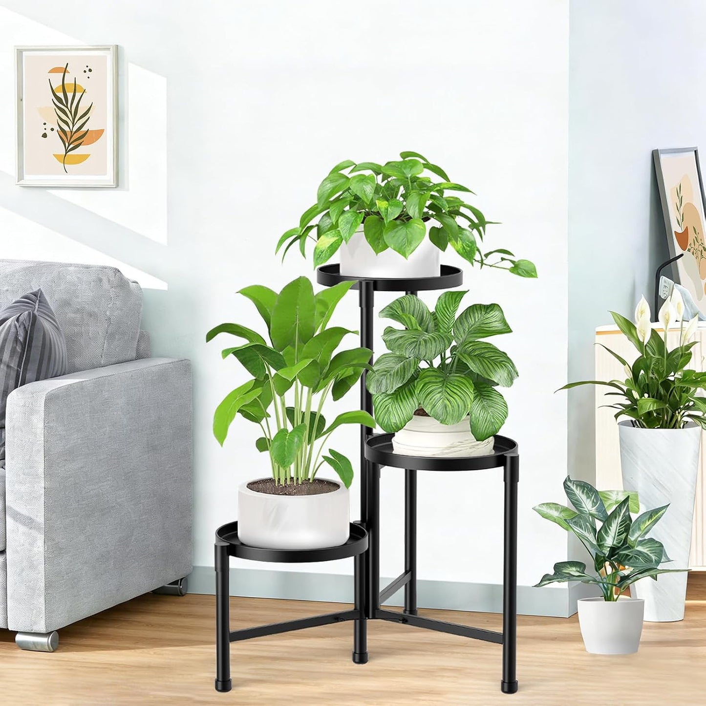 3 Tier Metal Corner Plant Stand Indoor Outdoor, 10 Inch Wide Tray, Black | 30 In Tall Foldable Iron Flower Pot Holder