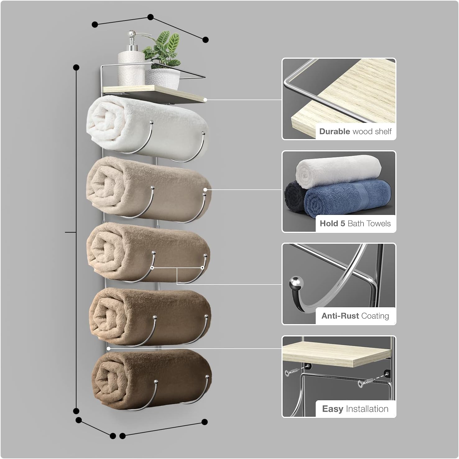 Sorbus Wall Towel Rack, 5-Tier Wood Shelf, Wall Mounted (Silver) | Five-tier metal holder for rolled bath towels
