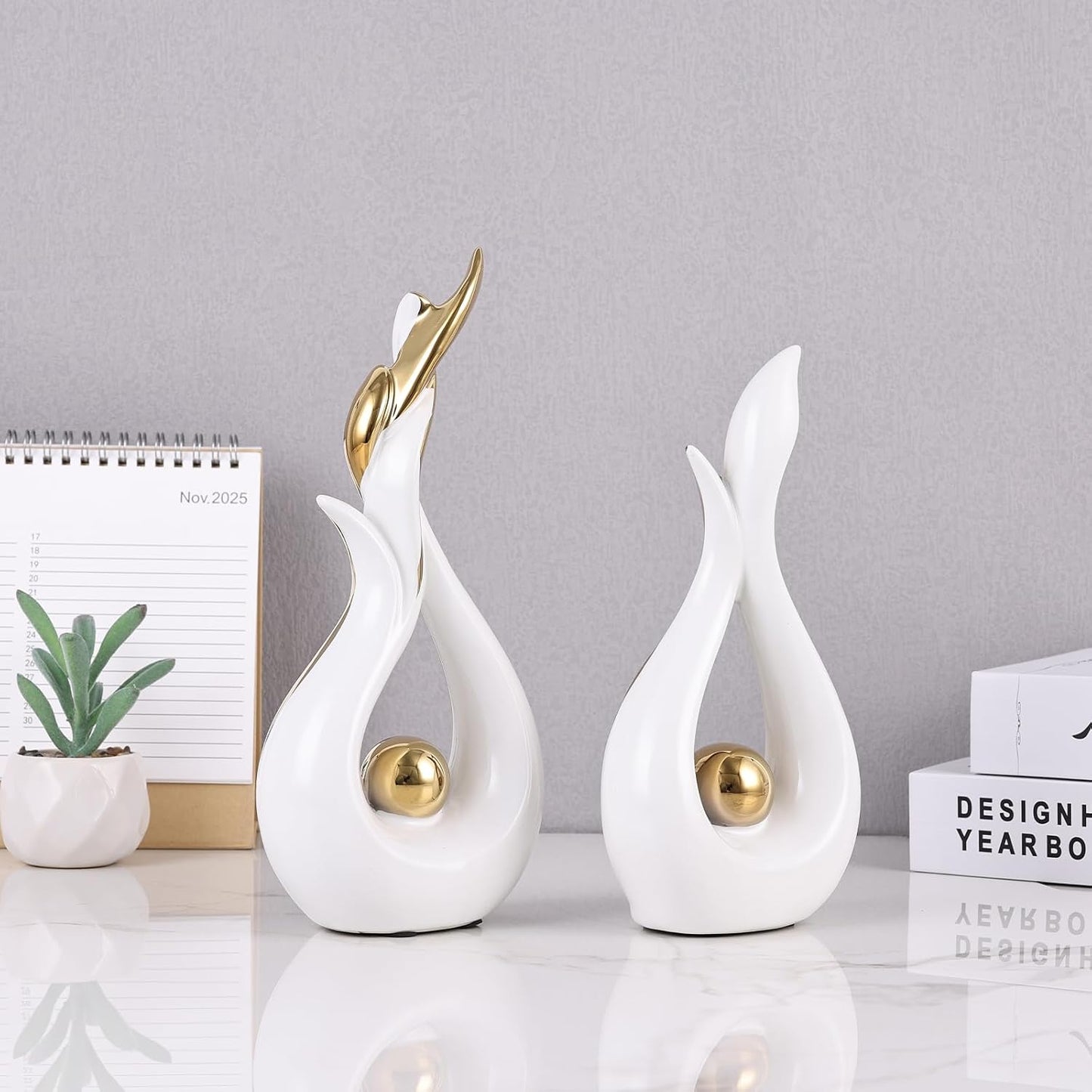 Modern Figurines / Abstract Flame Ceramic Sculpture Set / White Gold / Set of 2