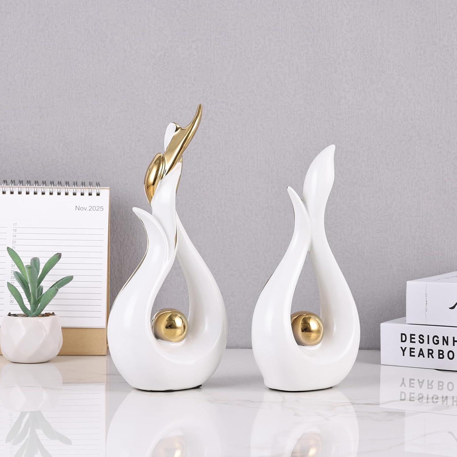 Modern Figurines / Abstract Flame Ceramic Sculpture Set / White Gold / Set of 2