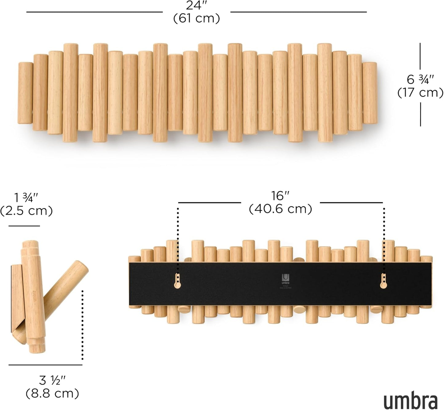 Flip-Down Wooden Hooks / Natural / 8-hook