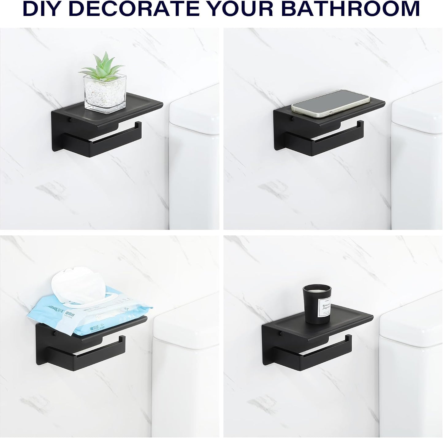 Alise Black Toilet Paper Holder with Shelf,Self Adhesive or Drilling | SUS304 Stainless Steel Adhesive Toilet Paper