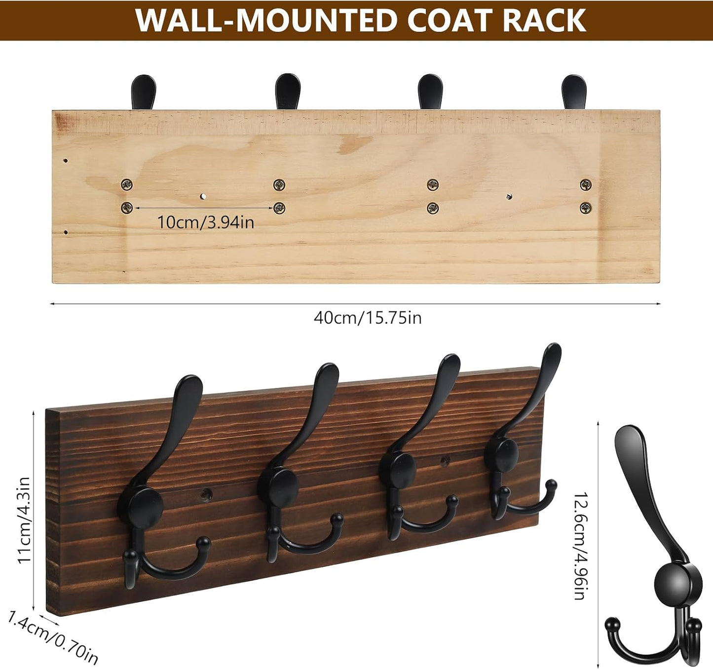 31.5" Large Coat Rack Wall Mount Coat Hooks with 8 Black Metal Triple Hooks, 1.4cm Thick Solid Pine Wood Wall Hooks for