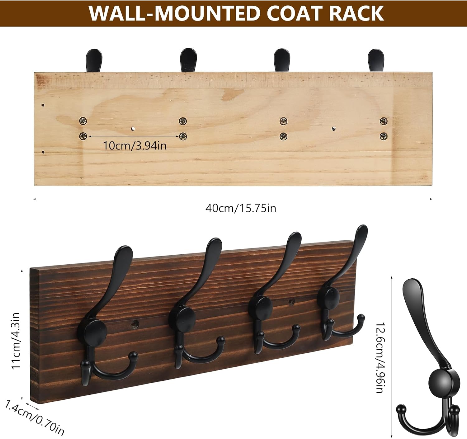 31.5" Large Coat Rack Wall Mount Coat Hooks with 8 Black Metal Triple Hooks, 1.4cm Thick Solid Pine Wood Wall Hooks for