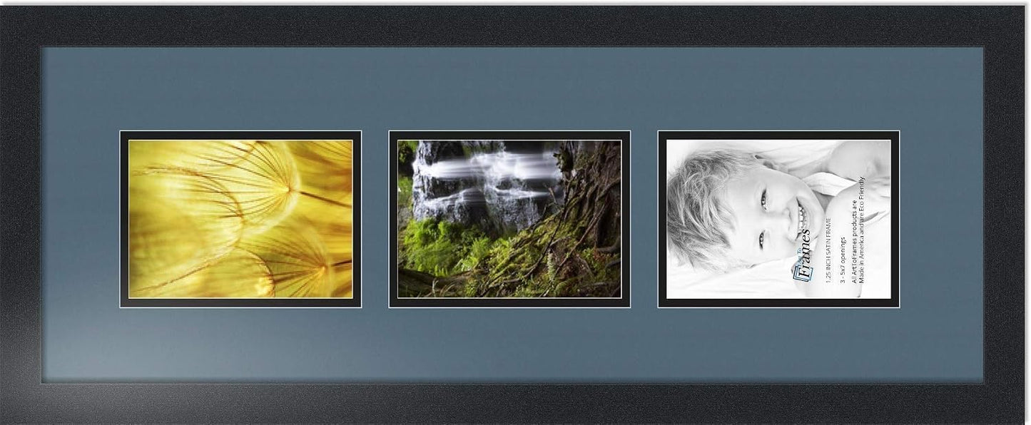 ArtToFrames Collage Photo Frame Double Mat with 3-5x7 Openings with Satin Black Frame and Dutch Blue mat.