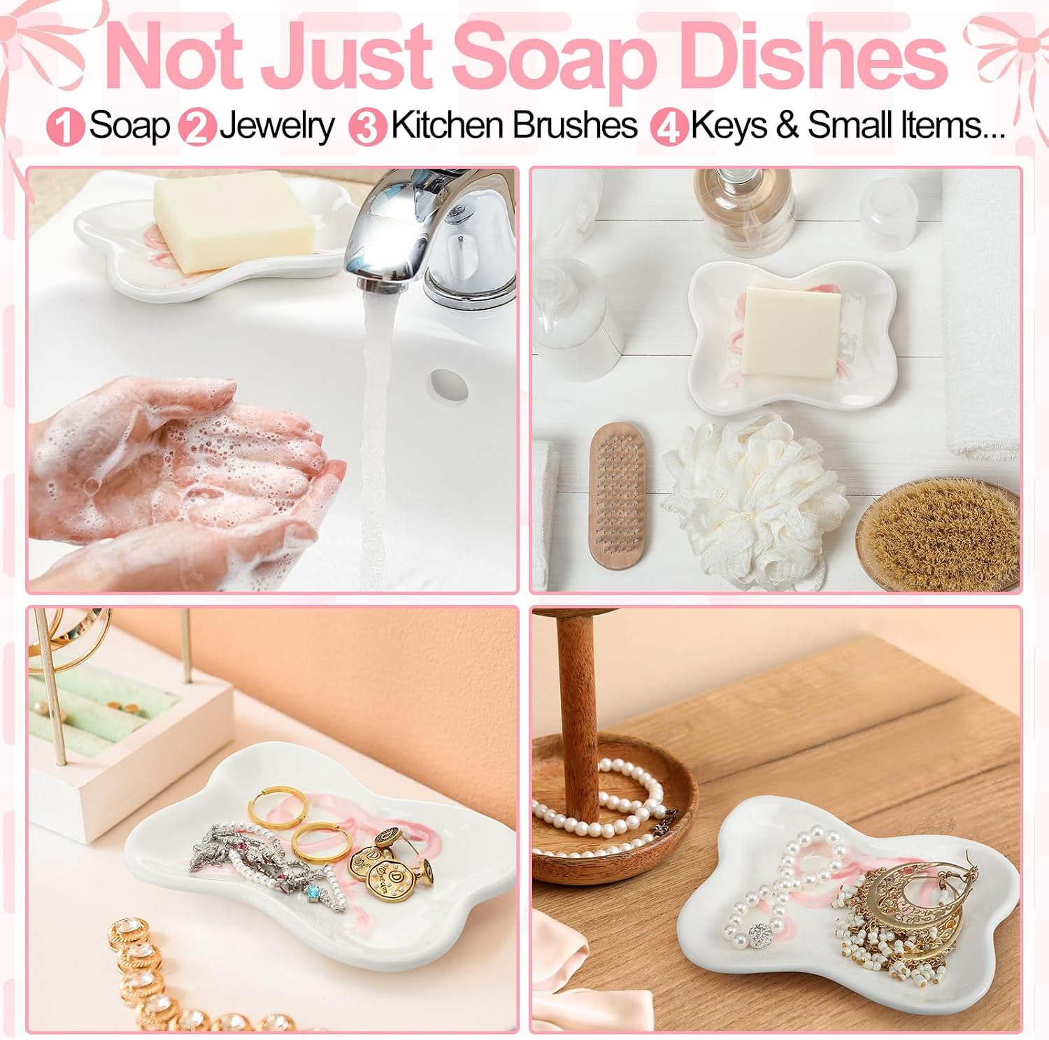 Bow Girls Soap Dish Bathroom Decor Coquette Ceramic Cleaner Dish Bow Soap Holder Aesthetic / Pink