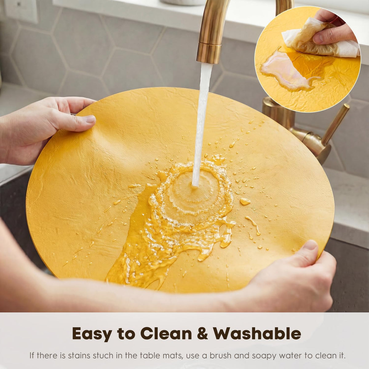 Artoid Mode Yellow Faux Leather Placemats Set of 6, 15 Inch Waterproof Wipeable Heat Resistant Vinyl Place Mats