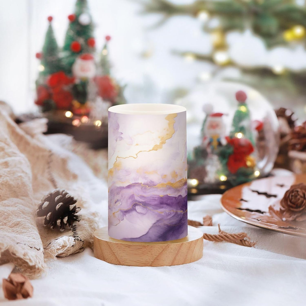 Flickering Flameless Candles, Purple Gold Marble LED Candles with Remote Timer, Set of 2 Battery Operated Candle for