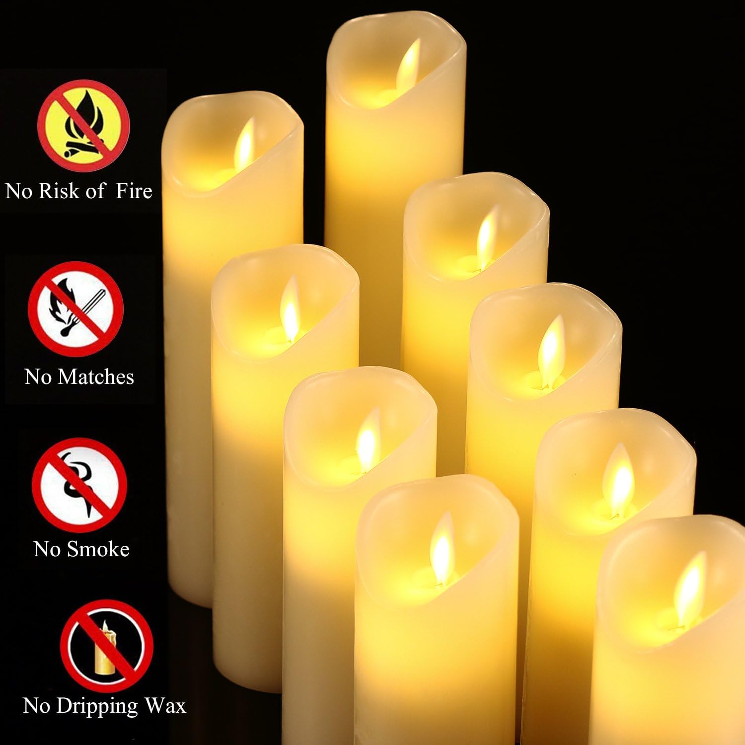 Flameless Candles Set of 9 Ivory Dripless Real Wax Pillars Include Realistic Dancing LED Flames and 10-Key Remote
