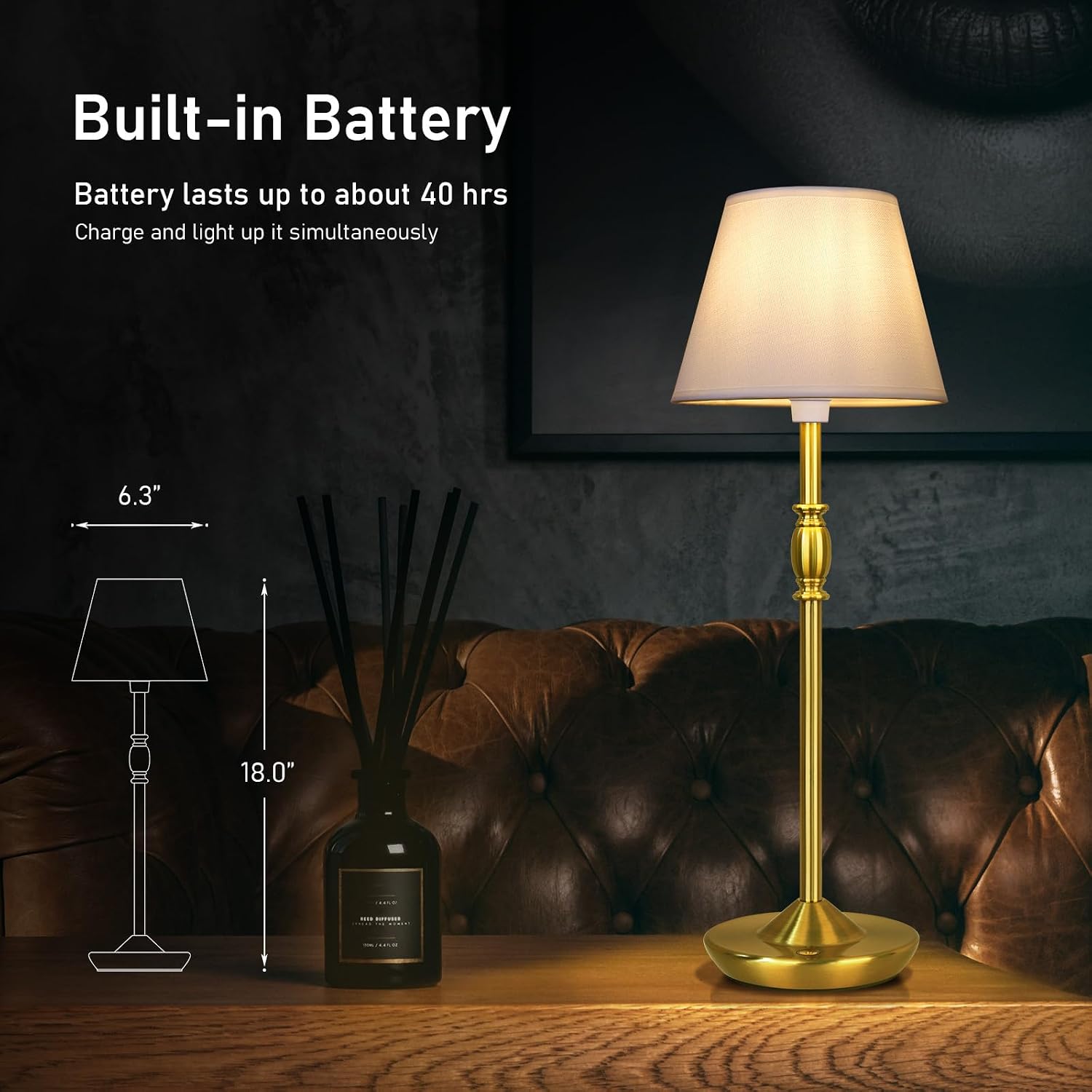 Cordless Table Lamp Portable Small LED Touch Lamp with Dimmer, 18" 2700K Rechargeable Battery Light for Bedside, Dining