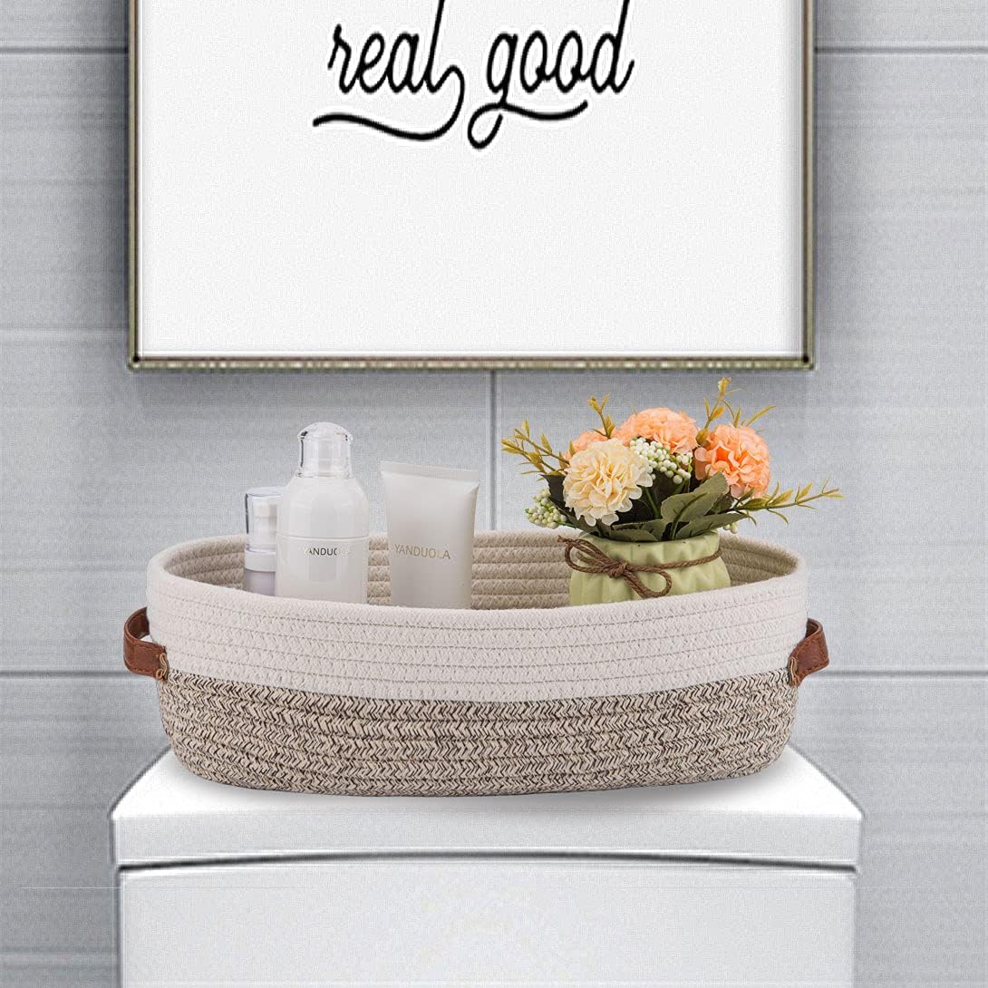 Farmhouse Home Decor Organizing Basket / Apricot Stitching White