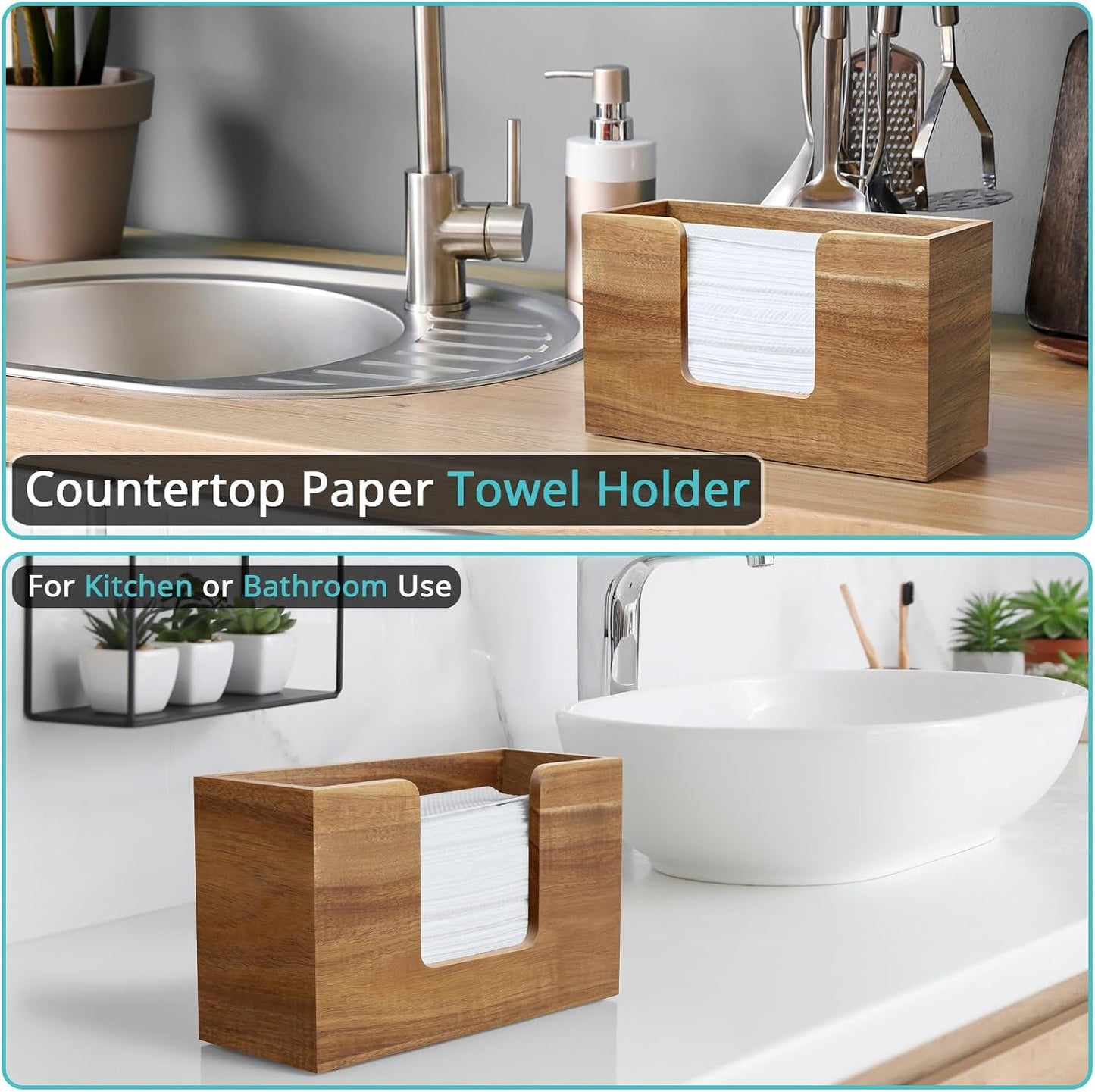 Paper Towel Dispenser Countertop, Acacia Wood Bathroom Paper Towel Holder, Napkin Holder for Kitchen, Multifold C-Fold