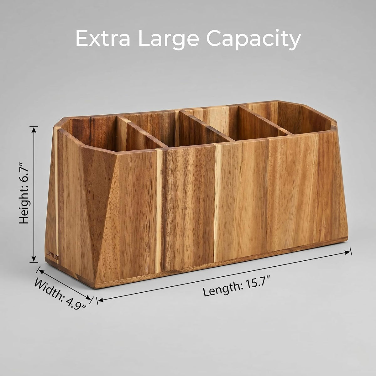 Extra Large Kitchen Utensil Holder for Countertop – Acacia Wood Utensil Holder with 4 Compartments, Beveled Edges