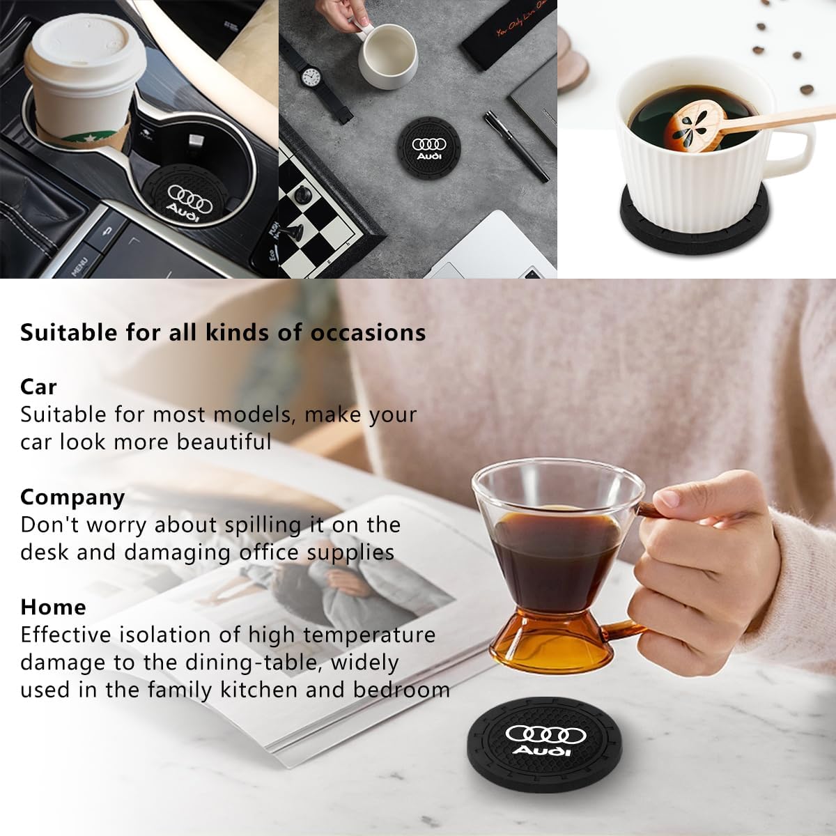 Car Cup Holder Coaster for Audi Recessed Silicone Cupholder / Black-cup-0004 / 2.75 Inch / Set of 2