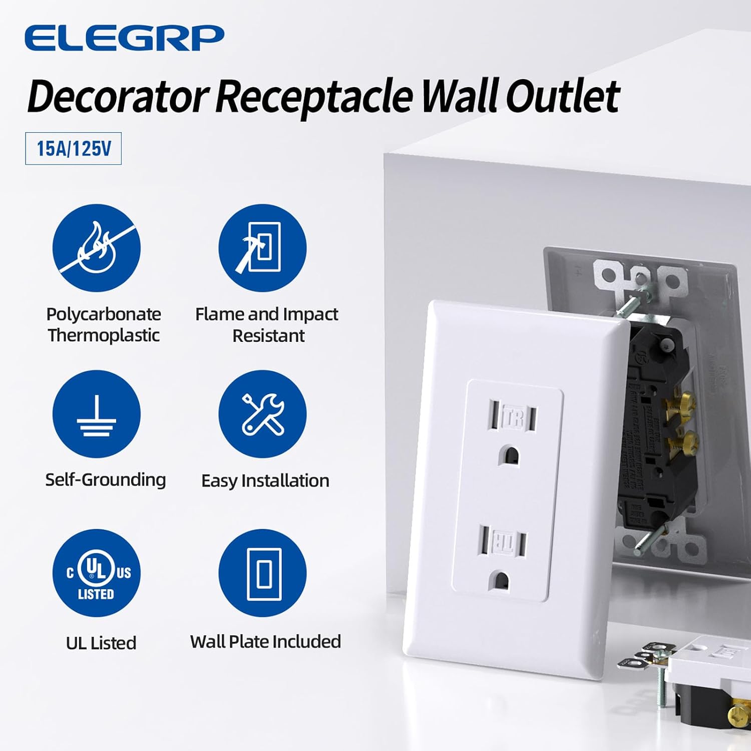 ELEGRP Decorator Receptacle, 15A 125V Standard Electrical Wall Outlet, Non-TR, 2 Pole 3 Wire, Self-Grounding