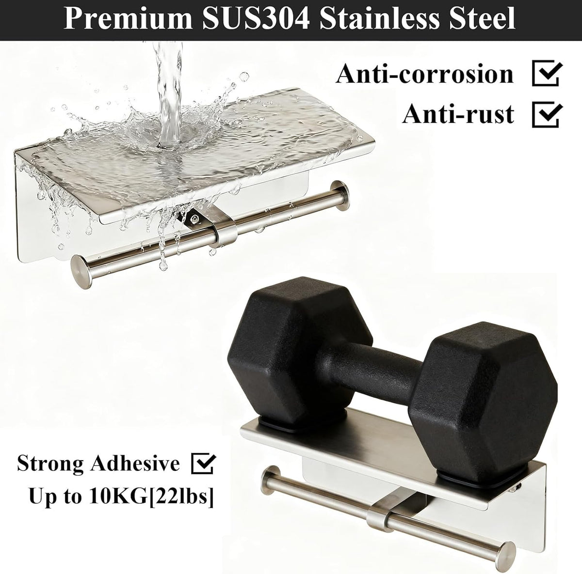 Toilet Paper Holder, NEWRAIN Double Bathroom Toilet Paper Roll Holder with Shelf, Stainless Steel Wall Mounted RV