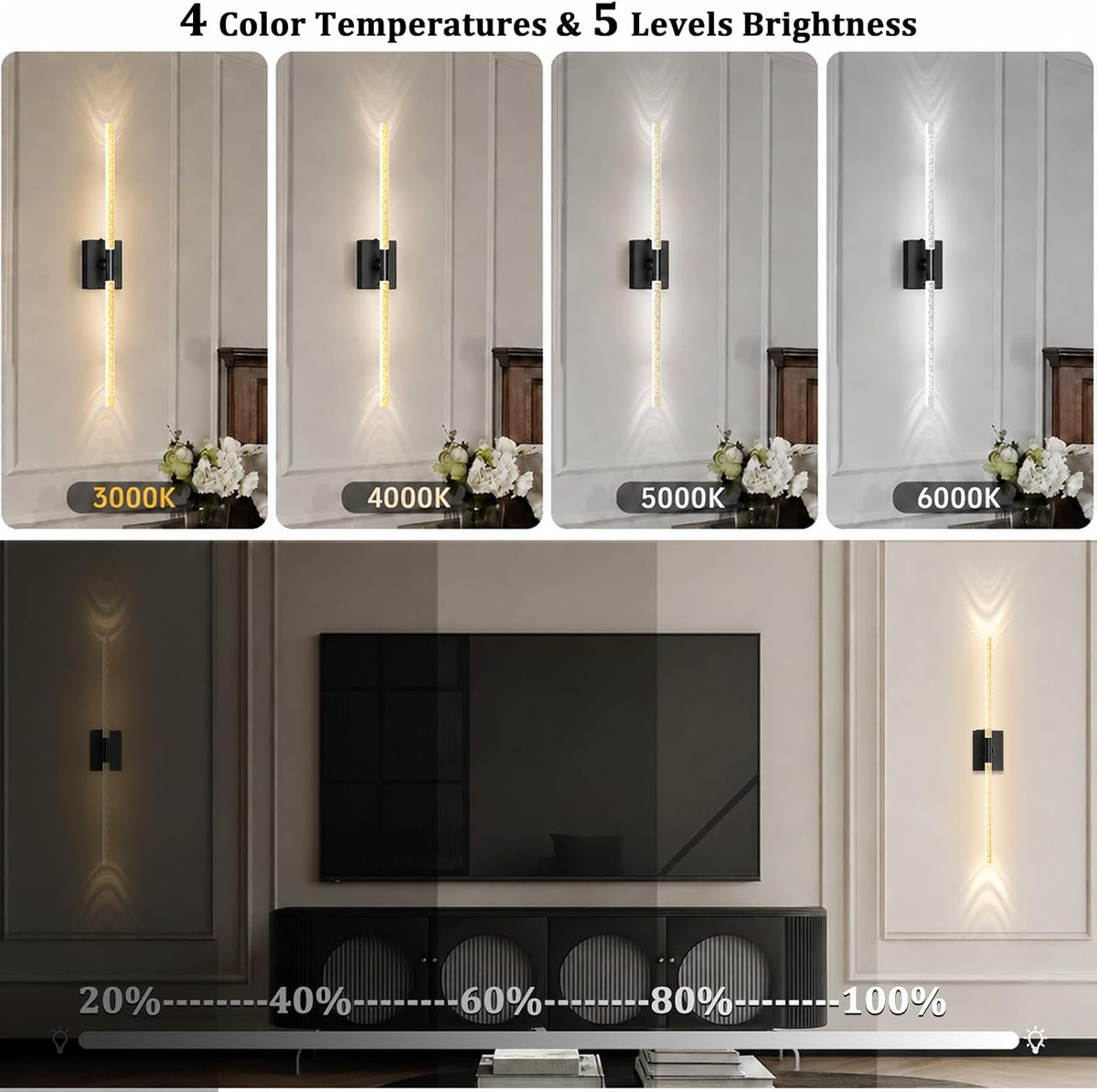 Battery Operated Wall Sconces Set of 2, 10000mAh, Black Bubble | wireless crystal wall lights rechargeable with Remote